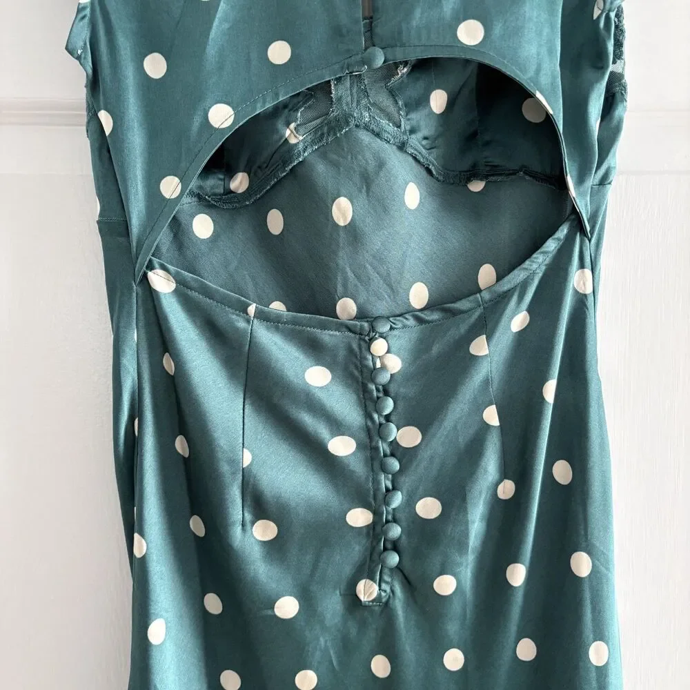 Free People Womens Butterfly Babe Polka Dot Sz Small Green Satin Maxi Dress EUC